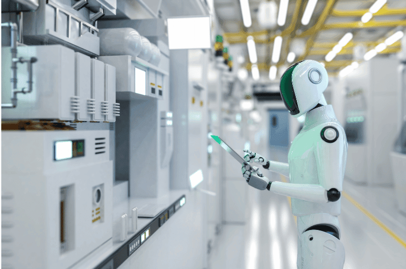 Humanoid robot working in a modern tech warehouse, showcasing practical applications of artificial intelligence in the workforce.