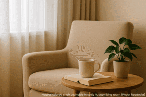 Softly lit living room corner with armchair and side table