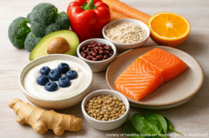A variety of healthy foods that aid in gut health