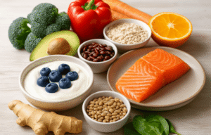 A variety of healthy foods that aid in gut health.