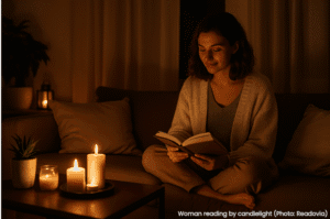 Woman reading by candlelight during a power outage