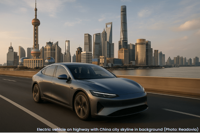 Electric vehicle on highway with China city skyline in background