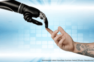 Humanoid robot hand touches human hand