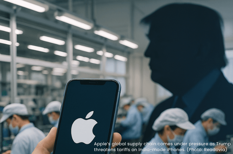 Apple’s global supply chain comes under pressure as Trump threatens tariffs on India-made iPhones. (Photo: Readovia)