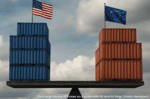 Two large stacks of crates with US and EU flags placed on a scale