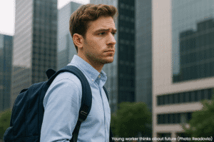 Young male worker thinks about future