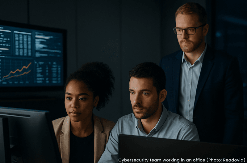 Cybersecurity team working in an office