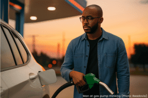 Man at gas pump thinking