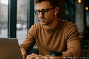 Man working on a laptop at a coffee shop