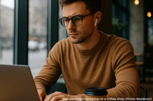 Man working on a laptop at a coffee shop