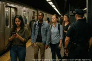 People at a subway station with police security