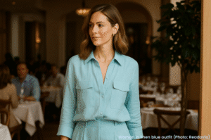 Style trend: rich mom - woman in blue linen pants set