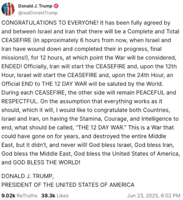 Trump claims Iran-Israel ceasefire