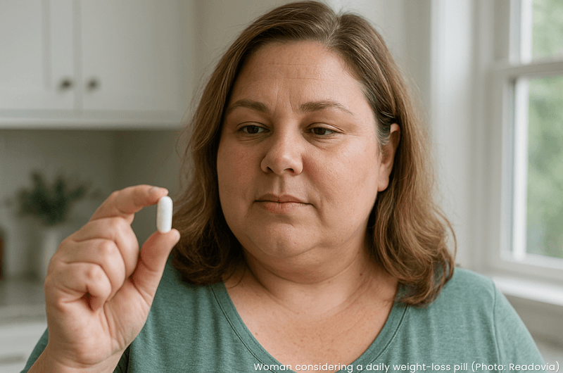 Woman considering a daily weight-loss pill