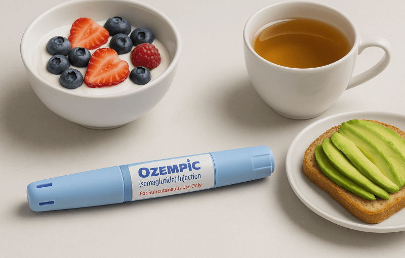 Breakfast concept with Ozempic injection pen.