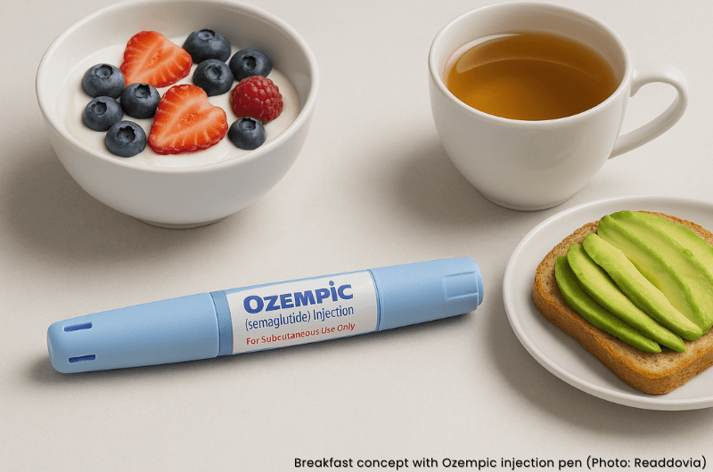 Breakfast concept with Ozempic injection pen