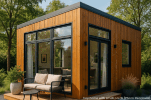 A tiny home with small porch