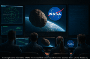A concept scene inspired by NASA’s mission control, where experts monitor asteroid flybys