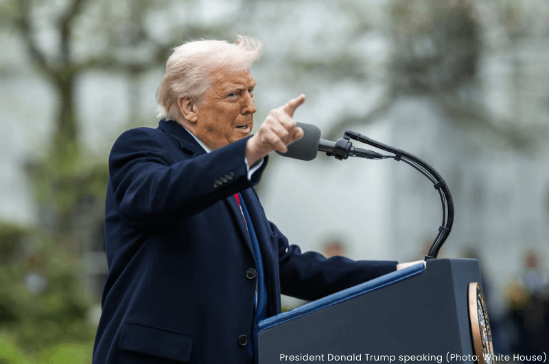 President Donald Trump points while speaking