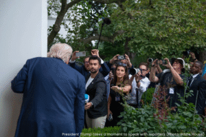 President Trump takes a moment to speak with reporters
