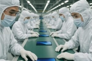 Foldable smartphones move through a modern manufacturing facility as device makers prepare the next generation of flexible-screen mobile technology.