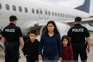 Guatemalan children being escorted from US airplane