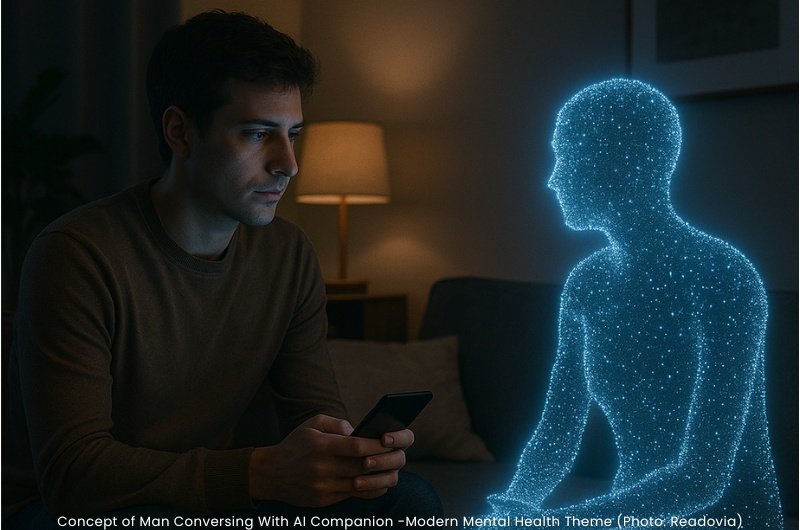 A young man sits on a couch holding his phone, facing a glowing humanoid figure made of light particles, symbolizing an AI companion in conversation.