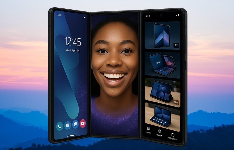 Modern foldable smartphone opened into tablet mode showing multitasking apps and sleek design