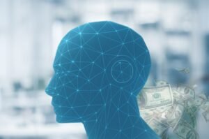 Investing in AI: a glowing blue head set against a soft, bright background with subtle currency imagery.