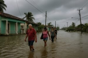 Residents wade through flooded streets in eastern Cuba after Hurricane Melissa made landfall, leaving homes damaged and power lines down under gray storm skies.