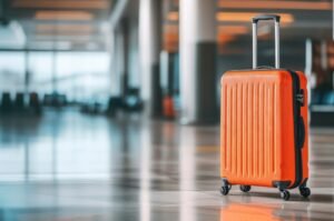 Orange suitcase in airport terminal