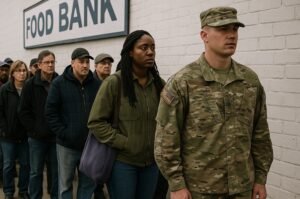 People wait in line outside a U.S. food bank, including a man in military fatigues, as economic strain deepens nationwide.