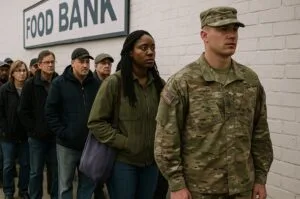 People wait in line outside a U.S. food bank, including a man in military fatigues, as economic strain deepens nationwide.