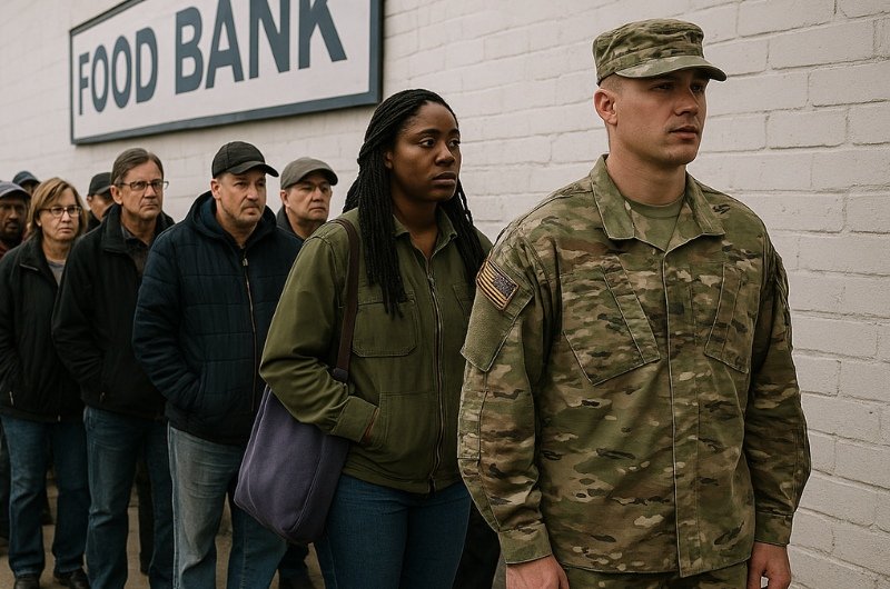 People wait in line outside a U.S. food bank, including a man in military fatigues, as economic strain deepens nationwide.