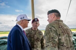 President Trump speaks with military troops