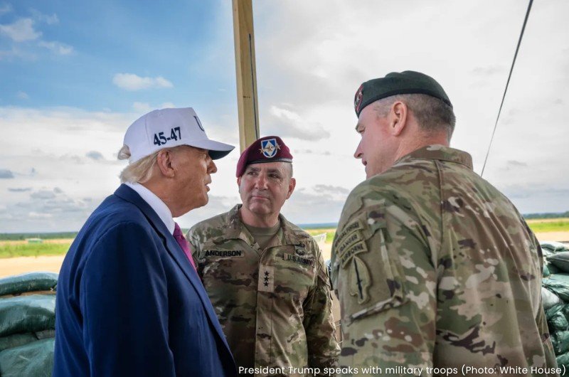 President Trump speaks with military troops