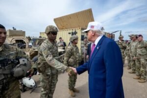President Trump with military troops