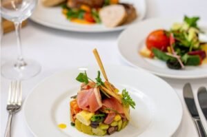 A restaurant table with light meals