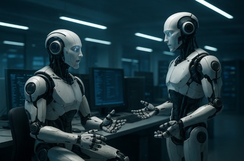Two AI robots appear in a sleek, futuristic computer lab, engaged in what looks like a technical discussion.