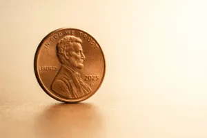 A single U.S. penny fades into soft light, symbolizing the end of an era in American currency.