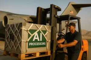 A worker loads a crate labeled “AI Processors” onto a U.S. cargo plane — a symbol of how advanced technology and geopolitics now move in tandem.