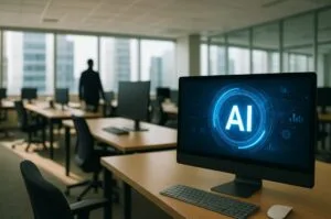 An empty office with with AI interface on a screen symbolizes the growing wave of automation behind the latest surge in U.S. layoffs.
