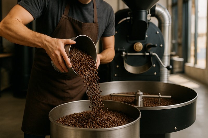 Coffee beans are released into a cooling tray at a modern roasting plant, where sourcing strategies are evolving under new tariff changes.