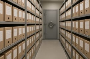 Inside a secure archive room where protected investigative records are stored.