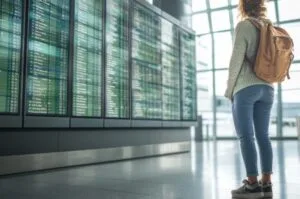 Traveler checks flight delays and cancellations at a busy airport.