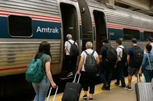 Travelers board an Amtrak train as demand for rail and bus travel rises amid ongoing flight disruptions.