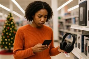 A woman shops for gifts in a department store.