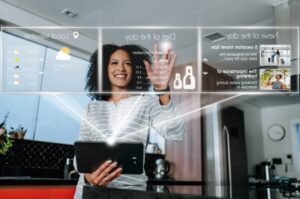 A woman uses an AI-powered digital assistant to manage daily tasks — a glimpse into how intelligent agents are transforming everyday life.