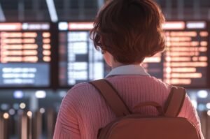 Traveler checks flight delays and cancellations at a busy airport.