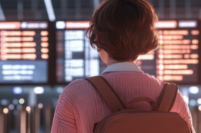 Traveler checks flight delays and cancellations at a busy airport.